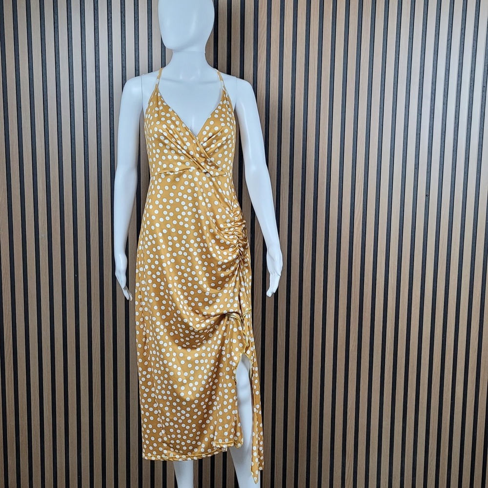 Midi Dress Surplice Mustard Yellow Polka Dot Ruched Slit L